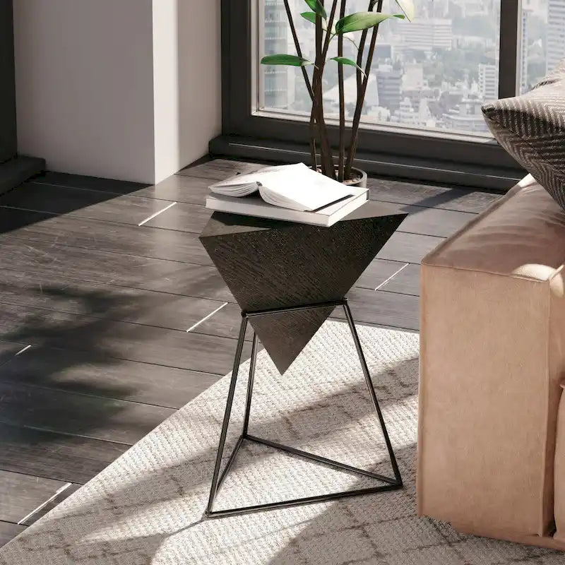 COZAYH Tavolino da Salotto Moderno Geometrico con Piano in Legno e Base in Metallo, Porta Piante Laterale a Piramide Unico per Ufficio, Triangolare