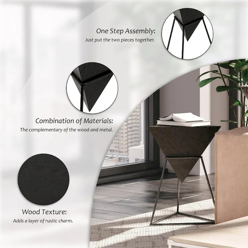 COZAYH Tavolino da Salotto Moderno Geometrico con Piano in Legno e Base in Metallo, Porta Piante Laterale a Piramide Unico per Ufficio, Triangolare