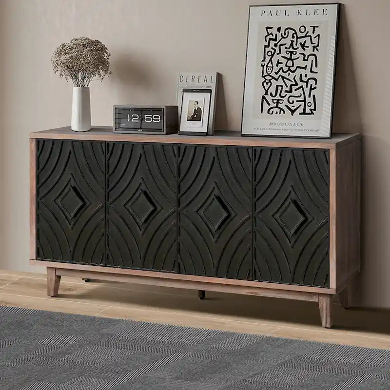 Madia Buffet Mobile Contenitore da Cucina Credenza con 4 Ante a Motivo Diamantato Convesso e 2 Ripiani Tavolino Console d'Accento
