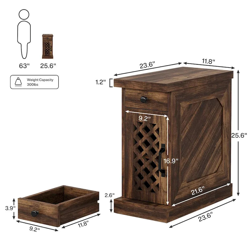 Table d'appoint en bois de 65 cm de haut, Table de chevet pour chambre à coucher, Marron rustique - 60 cm L x 30 cm l x 65 cm H
