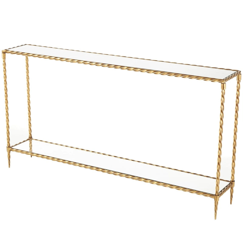 Console de table à 1 étagère, inspirée d'une corde torsadée en métal, avec plateau et étagère en verre miroir - Doré - Roche River Decor