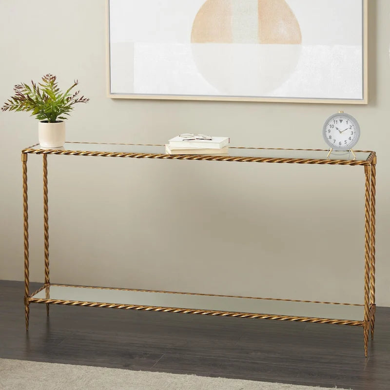 Console de table à 1 étagère, inspirée d'une corde torsadée en métal, avec plateau et étagère en verre miroir - Doré - Roche River Decor