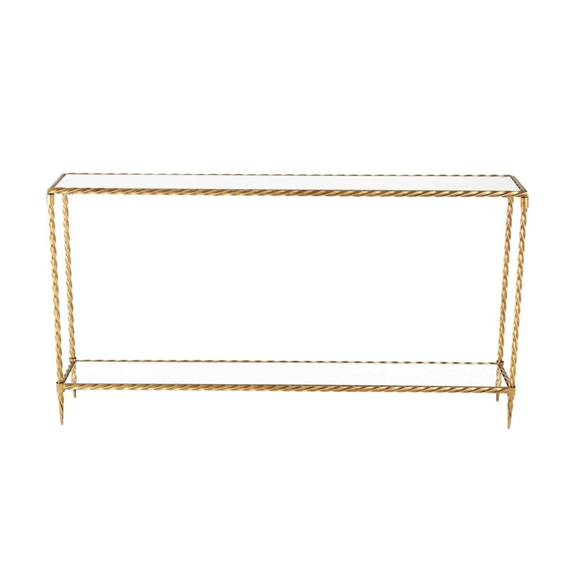 Console de table à 1 étagère, inspirée d'une corde torsadée en métal, avec plateau et étagère en verre miroir - Doré - Roche River Decor