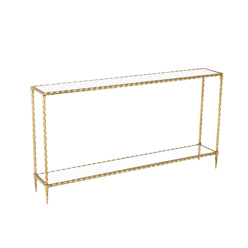 Console de table à 1 étagère, inspirée d'une corde torsadée en métal, avec plateau et étagère en verre miroir - Doré - Roche River Decor
