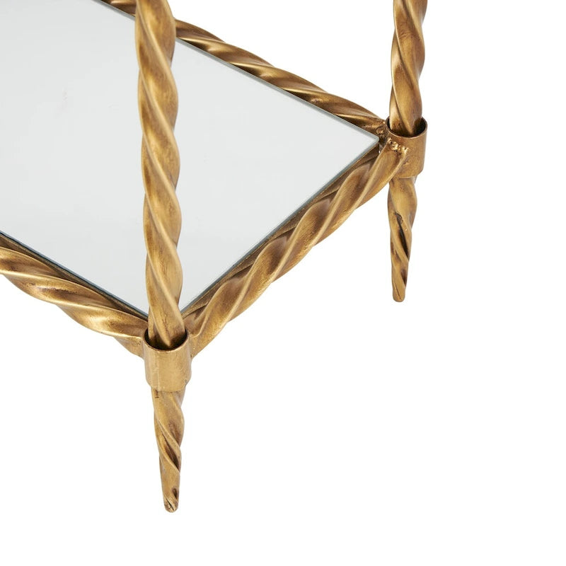 Console de table à 1 étagère, inspirée d'une corde torsadée en métal, avec plateau et étagère en verre miroir - Doré - Roche River Decor