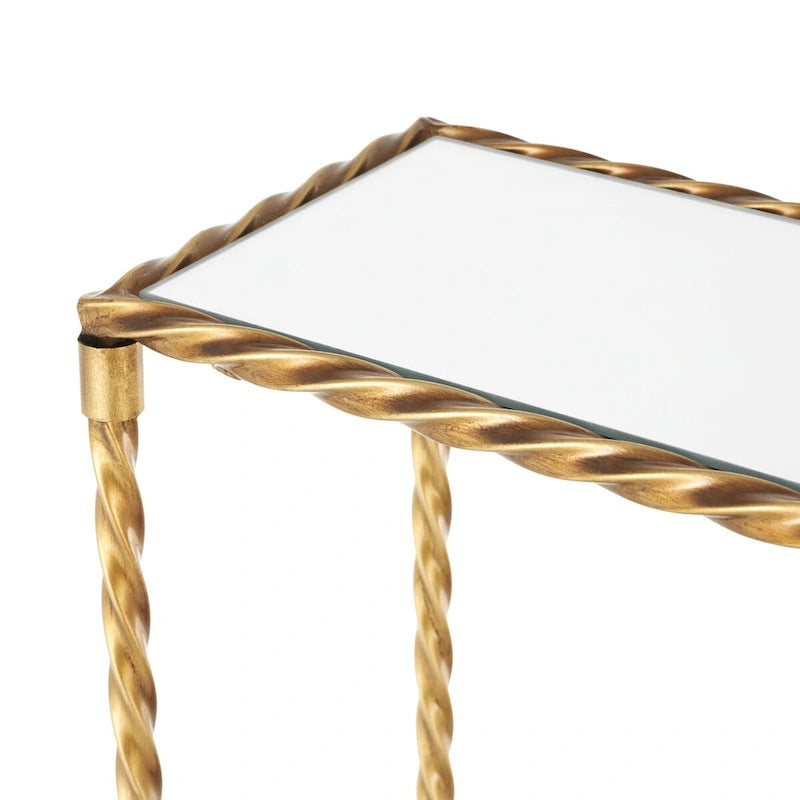 Console de table à 1 étagère, inspirée d'une corde torsadée en métal, avec plateau et étagère en verre miroir - Doré - Roche River Decor