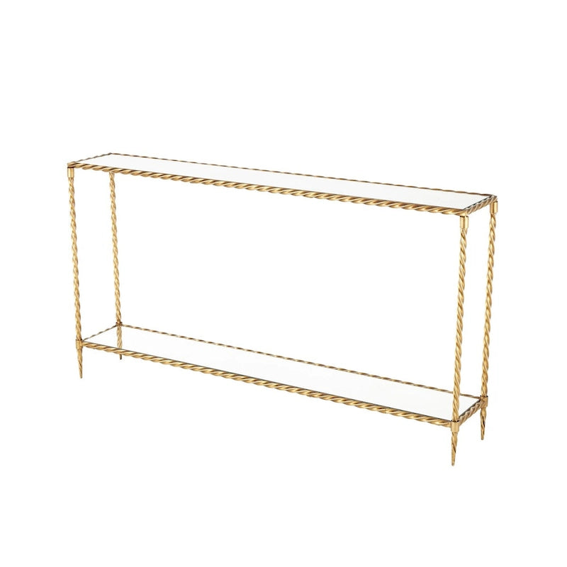 Console de table à 1 étagère, inspirée d'une corde torsadée en métal, avec plateau et étagère en verre miroir - Doré - Roche River Decor