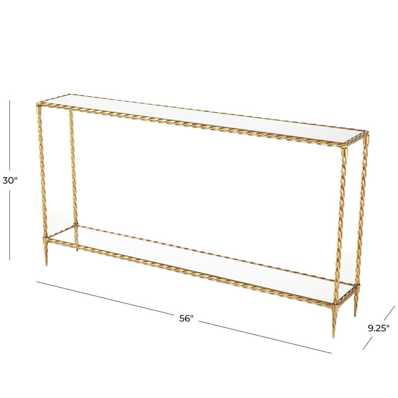 Console de table à 1 étagère, inspirée d'une corde torsadée en métal, avec plateau et étagère en verre miroir - Doré - Roche River Decor