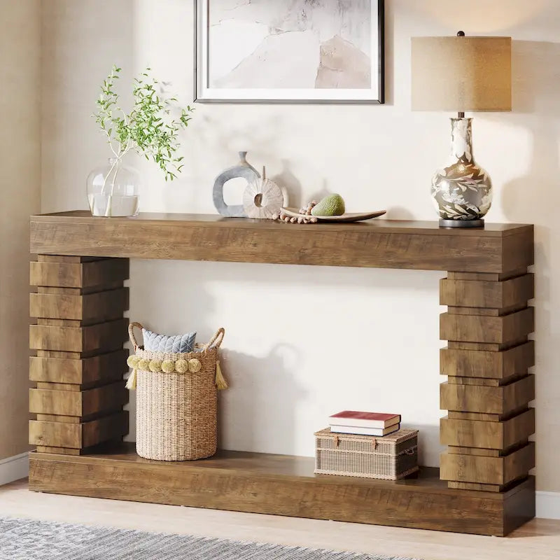Tavolo Consolle Lungo Vintage, Tavolo d'Ingresso in Legno con Contenitore per Soggiorno