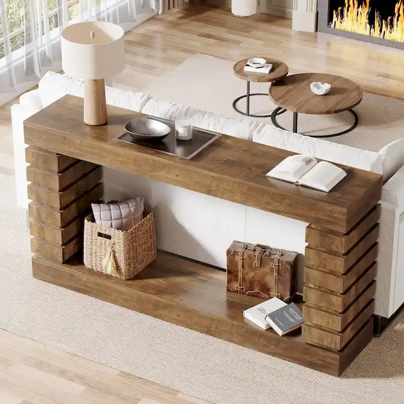 Tavolo Consolle Lungo Vintage, Tavolo d'Ingresso in Legno con Contenitore per Soggiorno