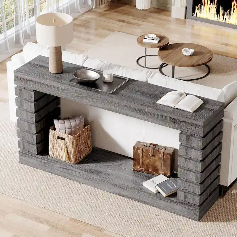 Tavolo Consolle Lungo Vintage, Tavolo d'Ingresso in Legno con Contenitore per Soggiorno