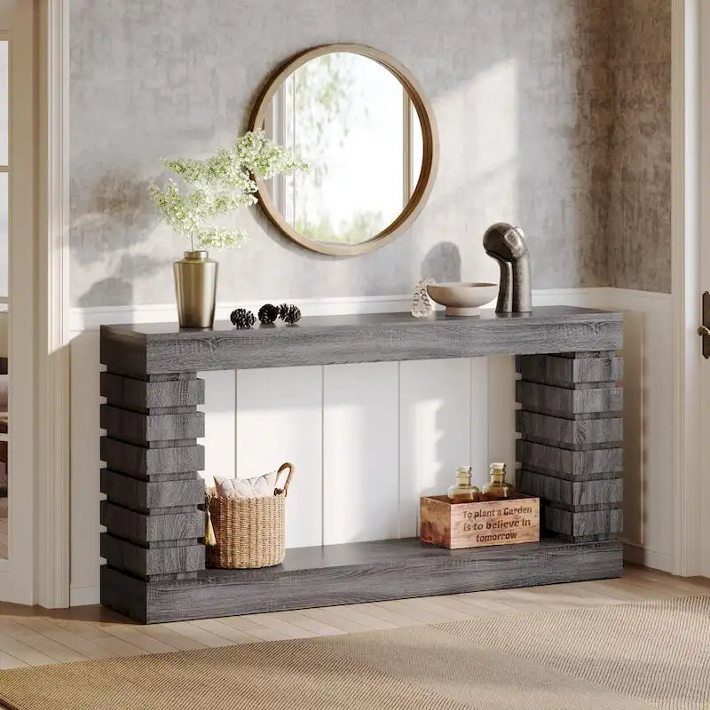 Tavolo Consolle Lungo Vintage, Tavolo d'Ingresso in Legno con Contenitore per Soggiorno