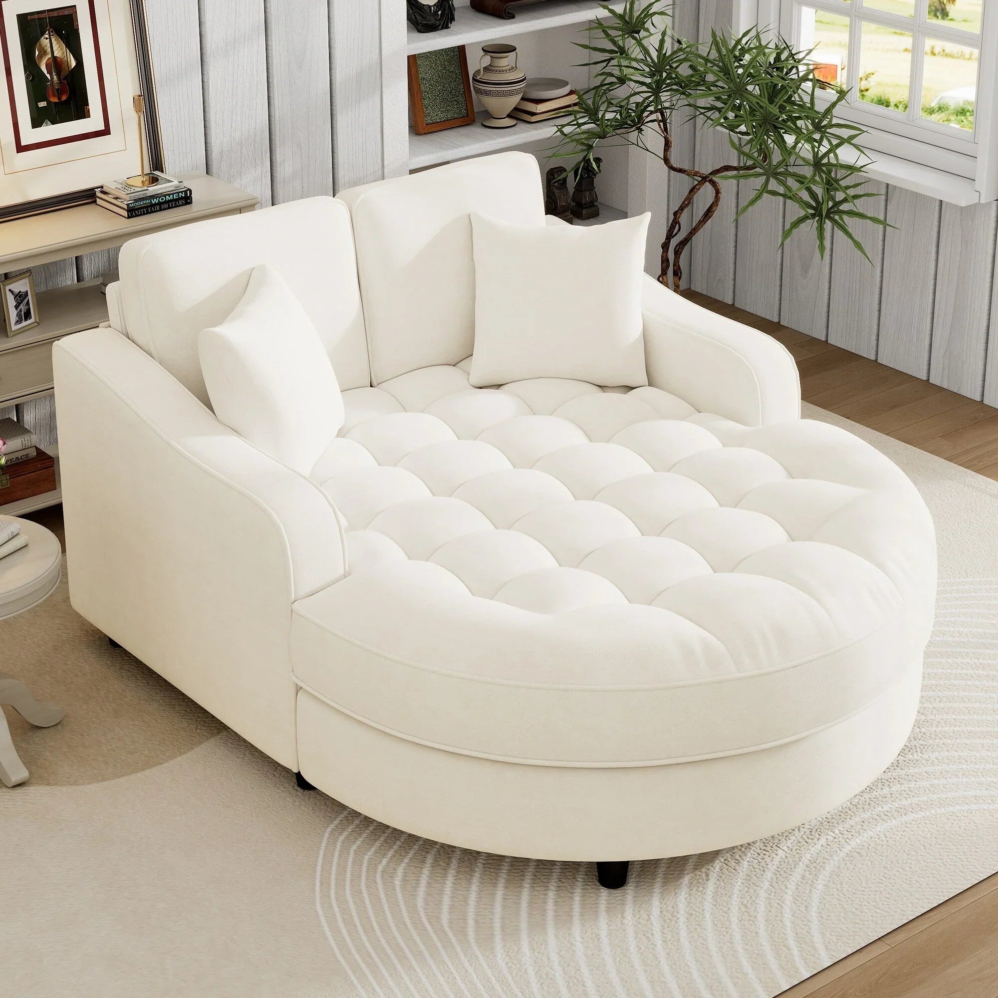 Divano Letto Chaise Longue in ciniglia, Divano Imbottito con Schienale Trapuntato e 2 Cuscini Rimovibili per Soggiorno