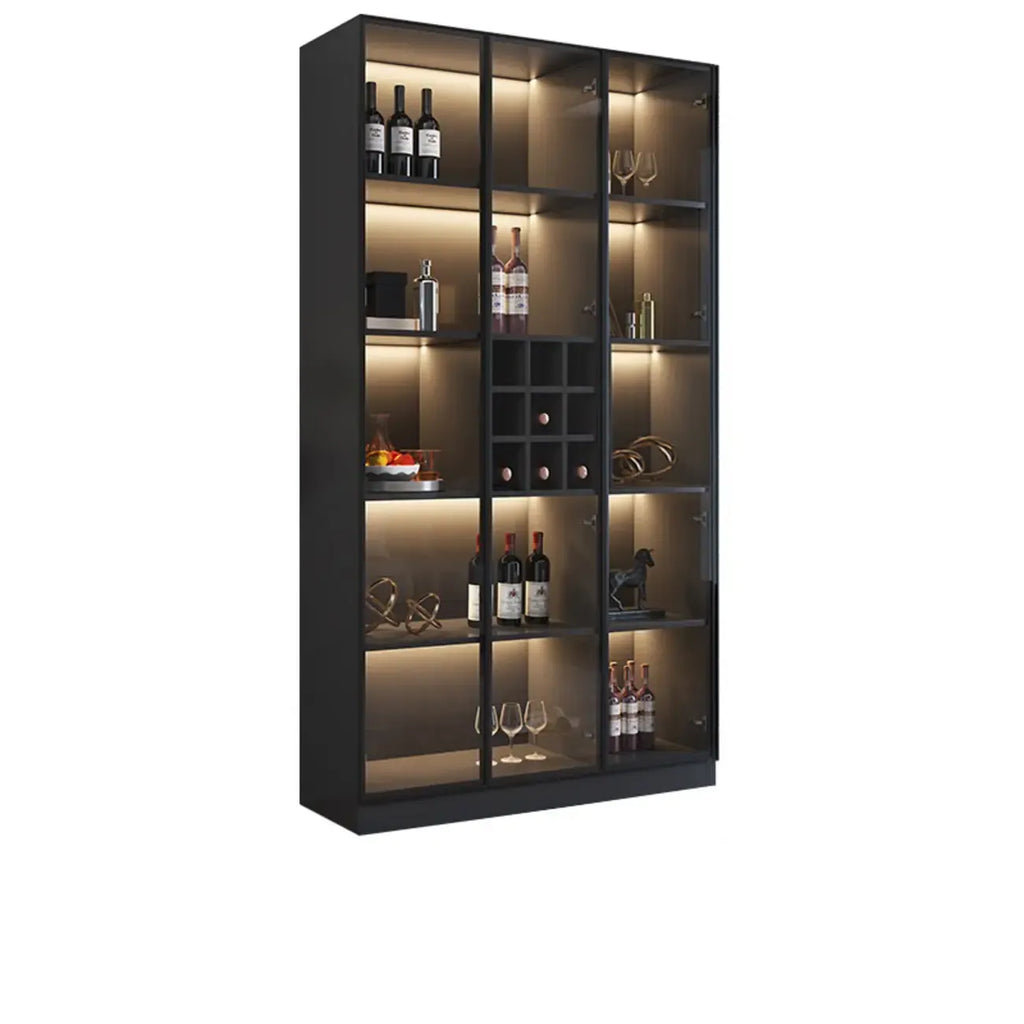 Mobile portabottiglie minimalista in legno nero con anta in vetro