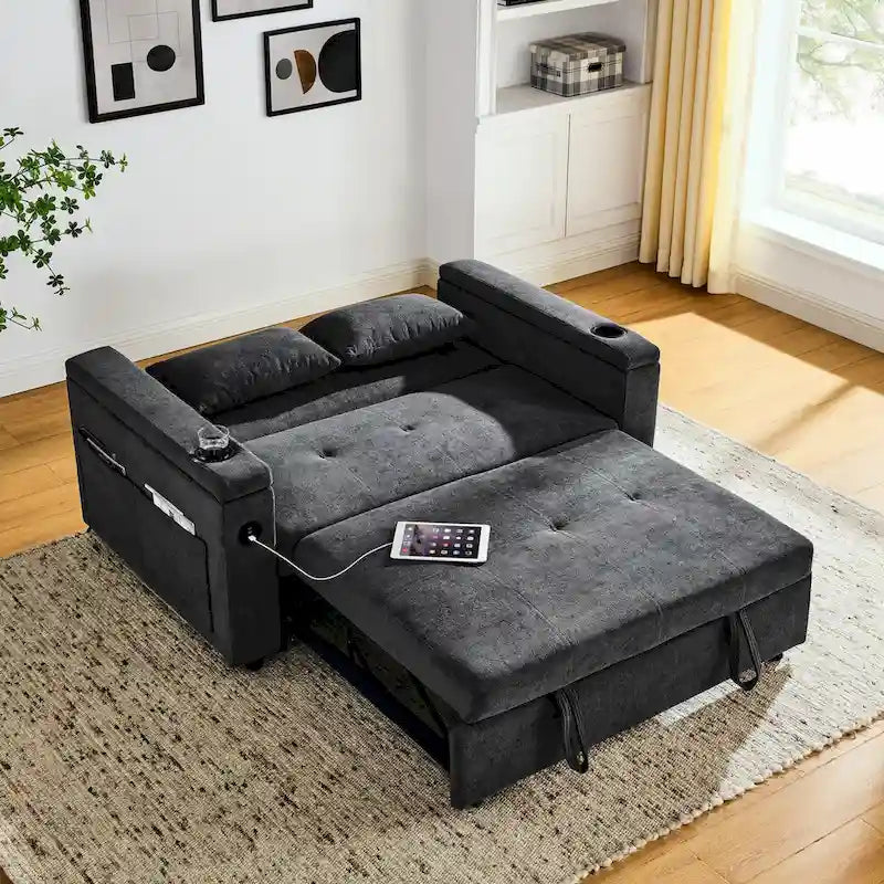 Divano Letto Estraibile 54", Divano Reclinabile 2 Posti con Contenitore, Cuscino Lombare, Presa USB