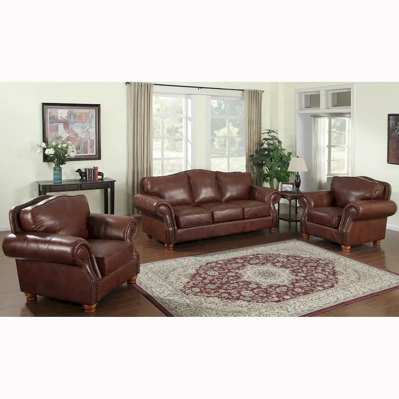Divano e due poltrone in pelle italiana pieno fiore "Brandon Distressed Whiskey"