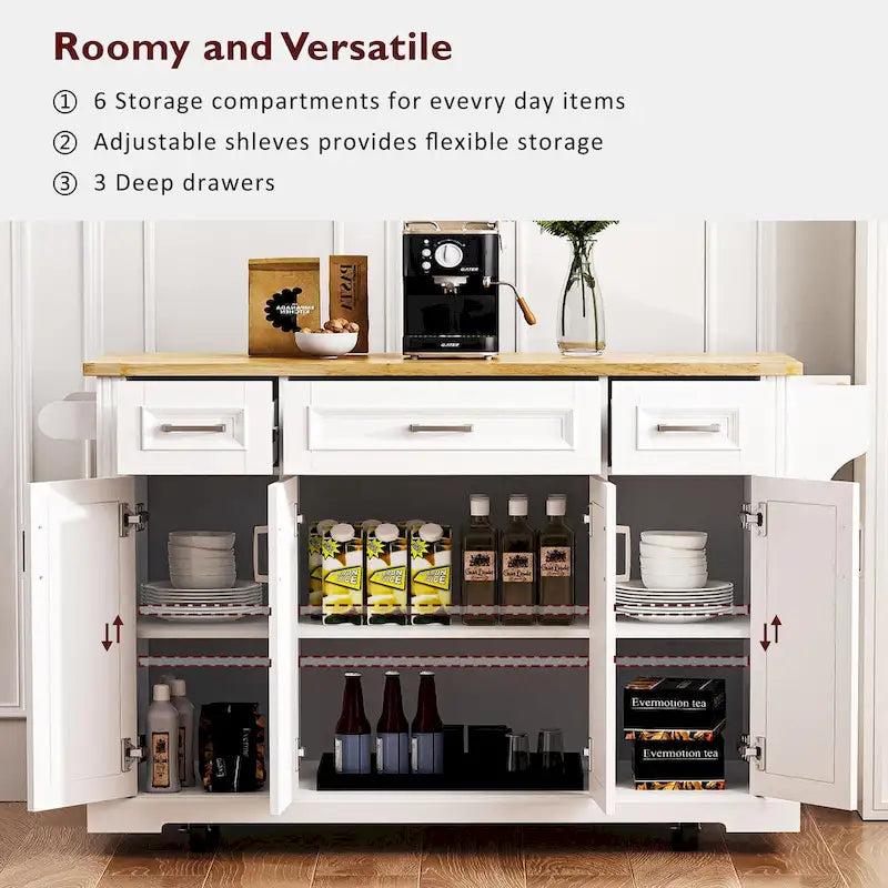 Grande isola da cucina con ribalta in legno, carrello da cucina arrotolabile con texture in rilievo, ante e cassetti con contenitore per cucina, bianco