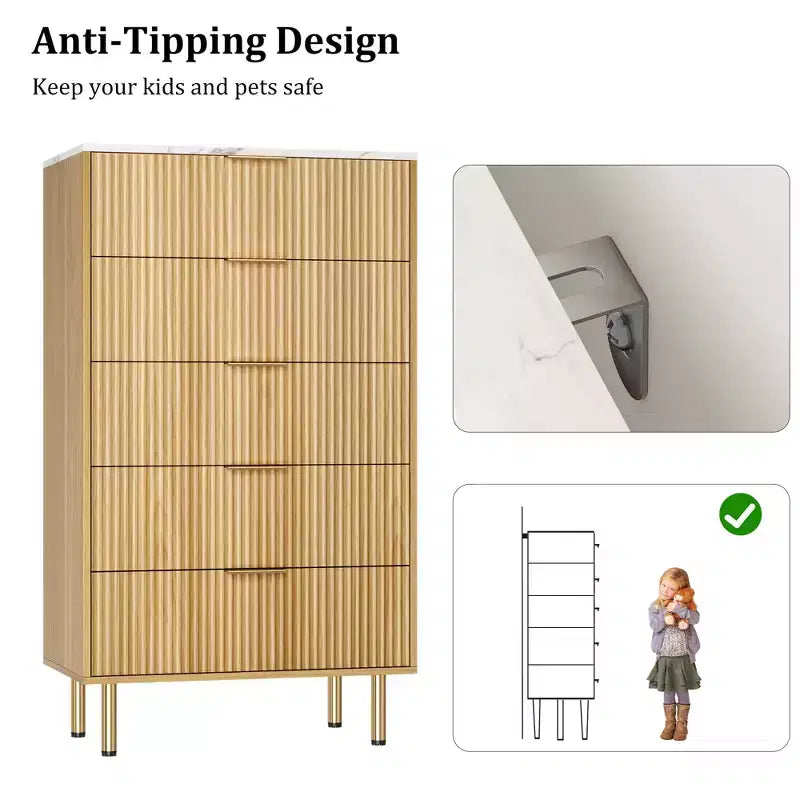 Commode 5 tiroirs Blanc / Marbre et Bois – Panneau cannelé, pour 1 personne