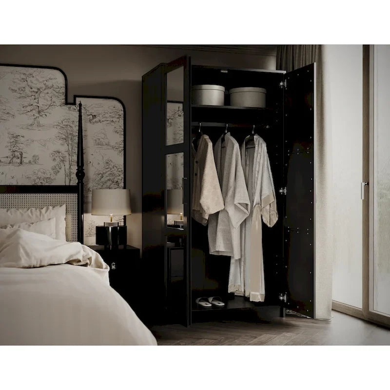 Armoire urbaine à 2 portes 100 % en bois massif avec portes pleines et portes miroir