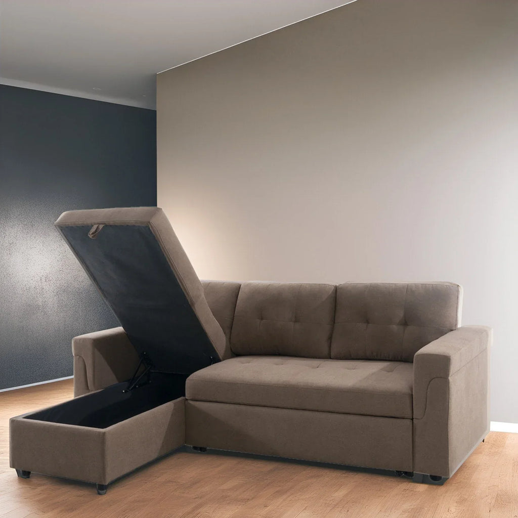Divano componibile convertibile reversibile con letto estraibile, chaise longue con contenitore nascosto e gambe durevoli