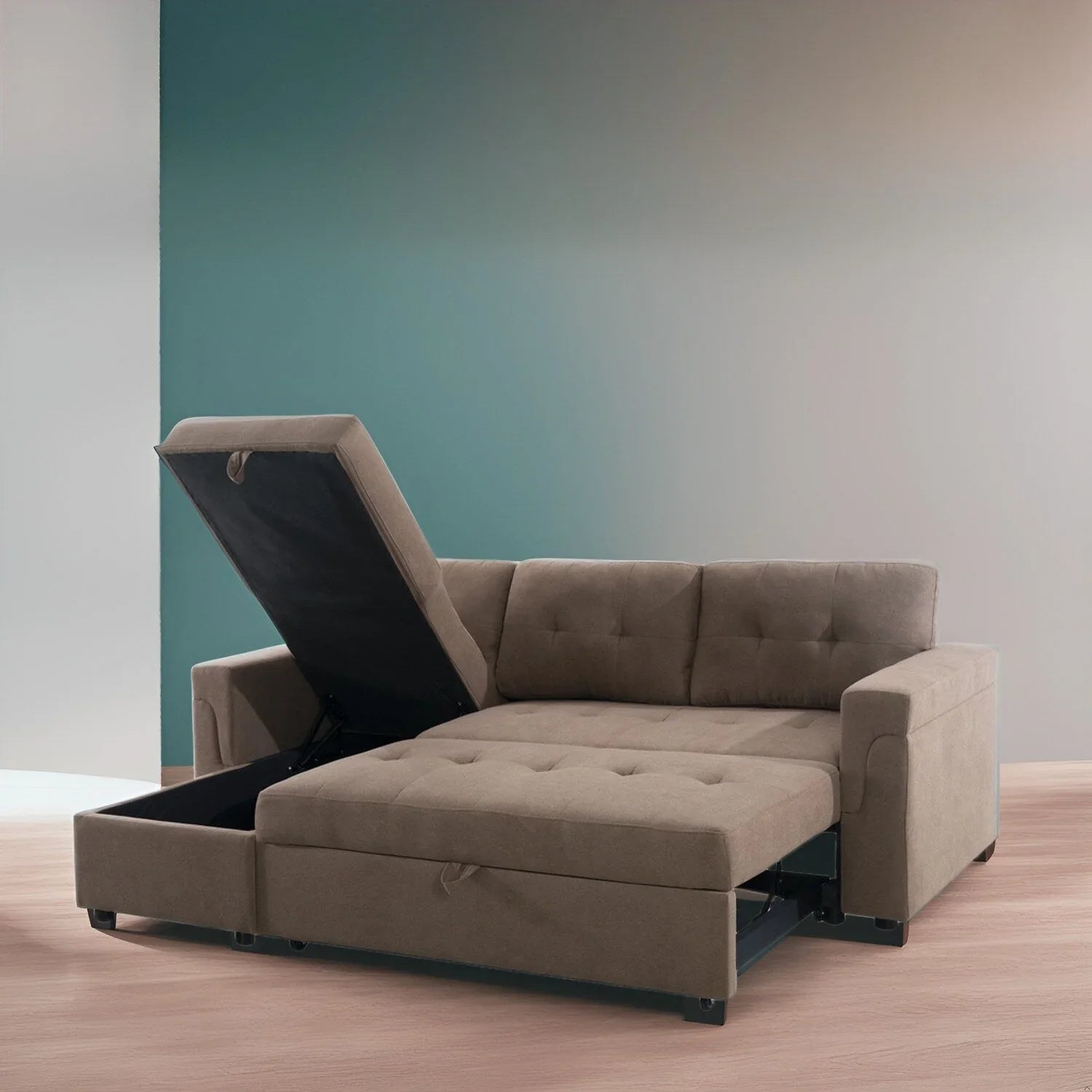 Divano componibile convertibile reversibile con letto estraibile, chaise longue con contenitore nascosto e gambe durevoli