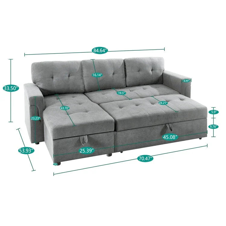 Divano componibile convertibile reversibile con letto estraibile, chaise longue con contenitore nascosto e gambe durevoli