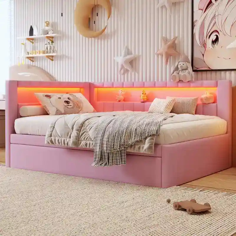 Letto imbottito a piattaforma con porte USB e illuminazione a LED - Struttura letto matrimoniale/singola con 2 cassetti portaoggetti - Camera da letto moderna