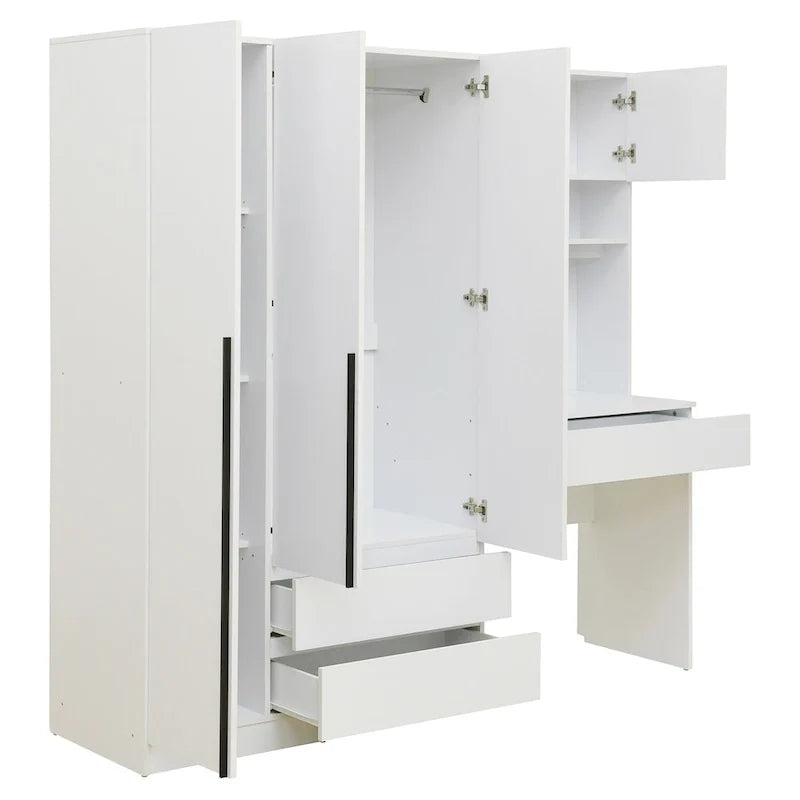 Armadio 3 in 1 con scrivania toeletta, set scrivania, armadio da camera con 2 cassetti e 3 ante con scrivania integrata