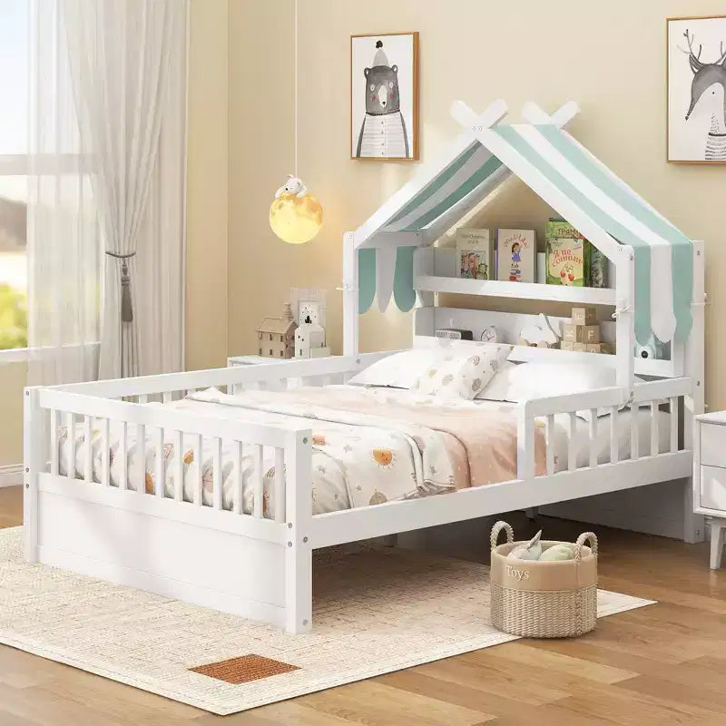Letto a Capanna ModernLuxe per Bambini, Misura Singola/Piazza e Mezza, in Legno con Testiera Contenitore, Struttura in Pino Massiccio con Sponde di Protezione