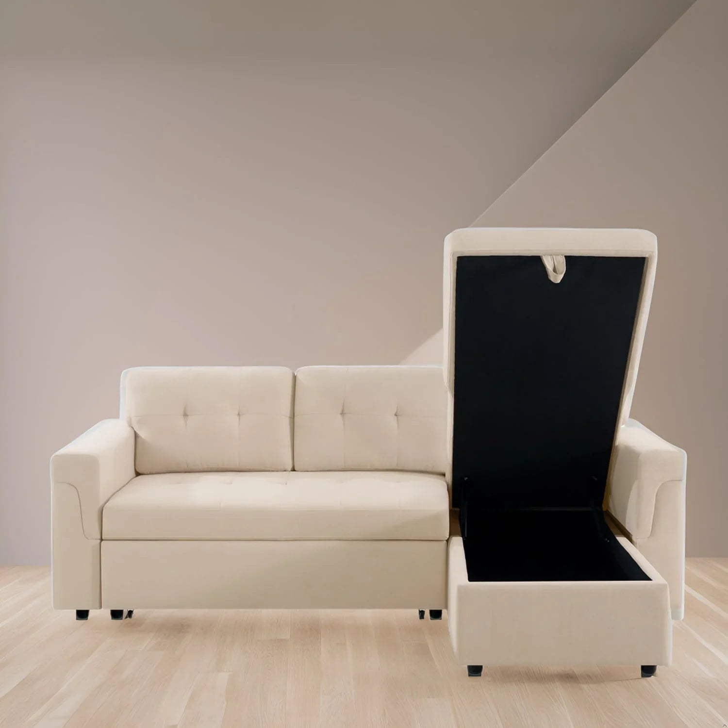 Divano componibile convertibile reversibile con letto estraibile, chaise longue con contenitore nascosto e gambe durevoli