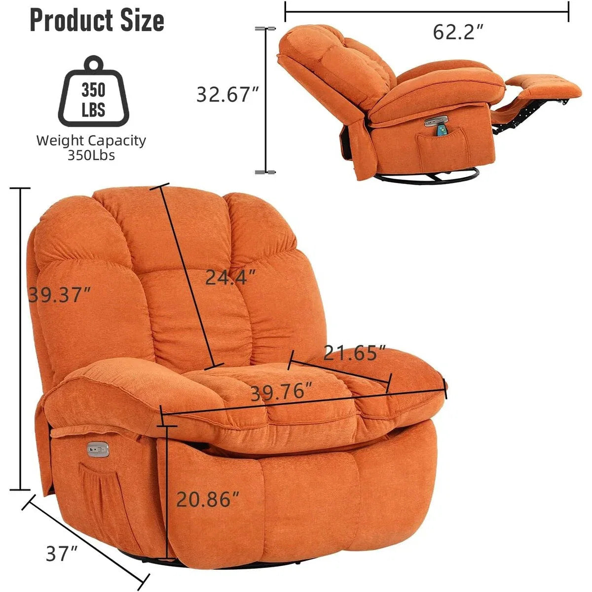 Poltrona reclinabile girevole XINMICS, poltrona a dondolo reclinabile con massaggio e riscaldamento, USB, USB-C e tasca laterale