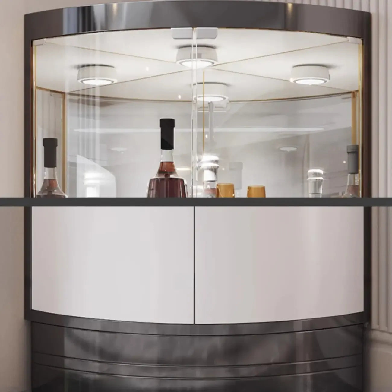 Mobile Bar Angolare con Scaffali Multipli in Vetro e Metallo per Esposizione