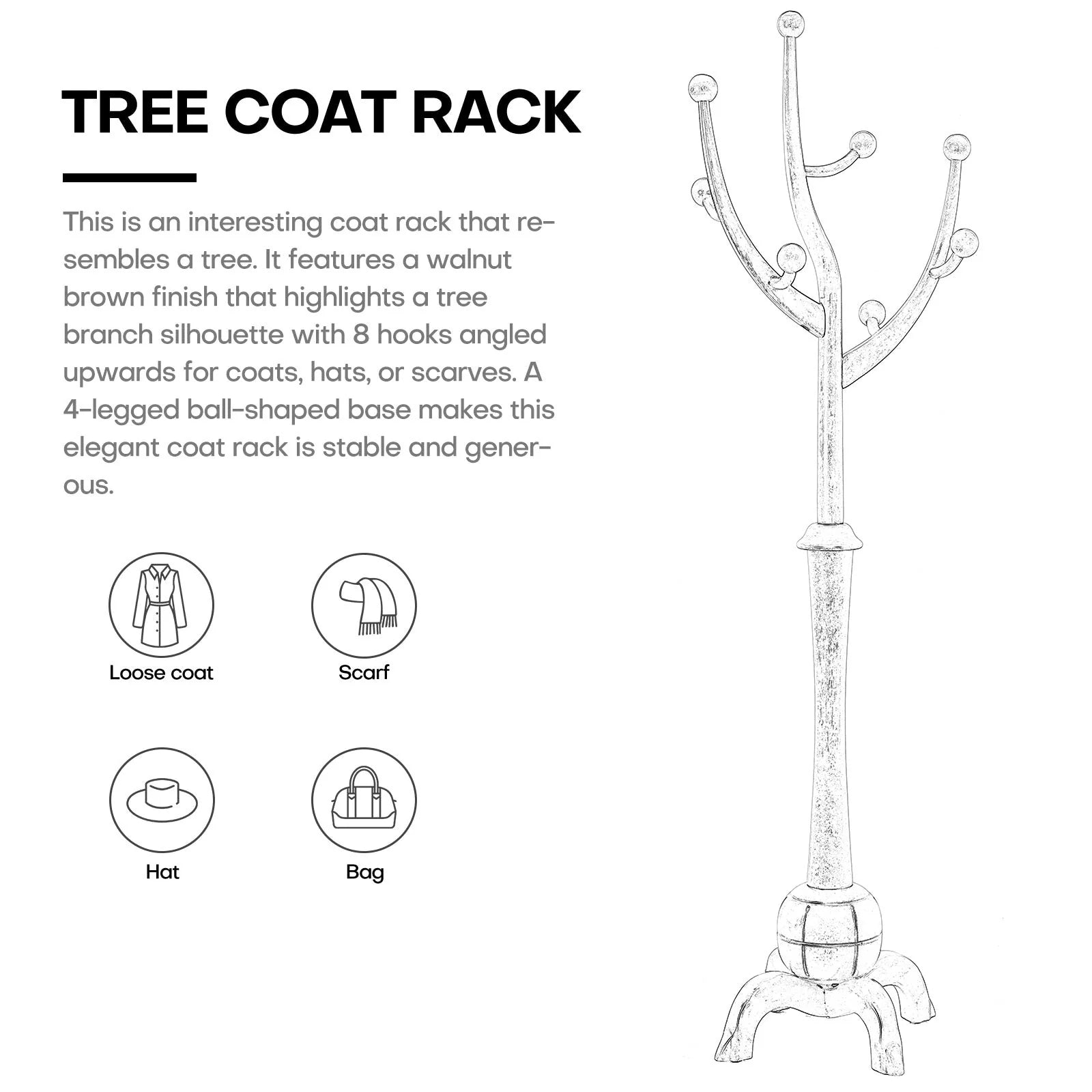 Appendiabiti da terra "ramo d'albero" in legno di gomma con 8 ganci - 24,5L x 70,87H