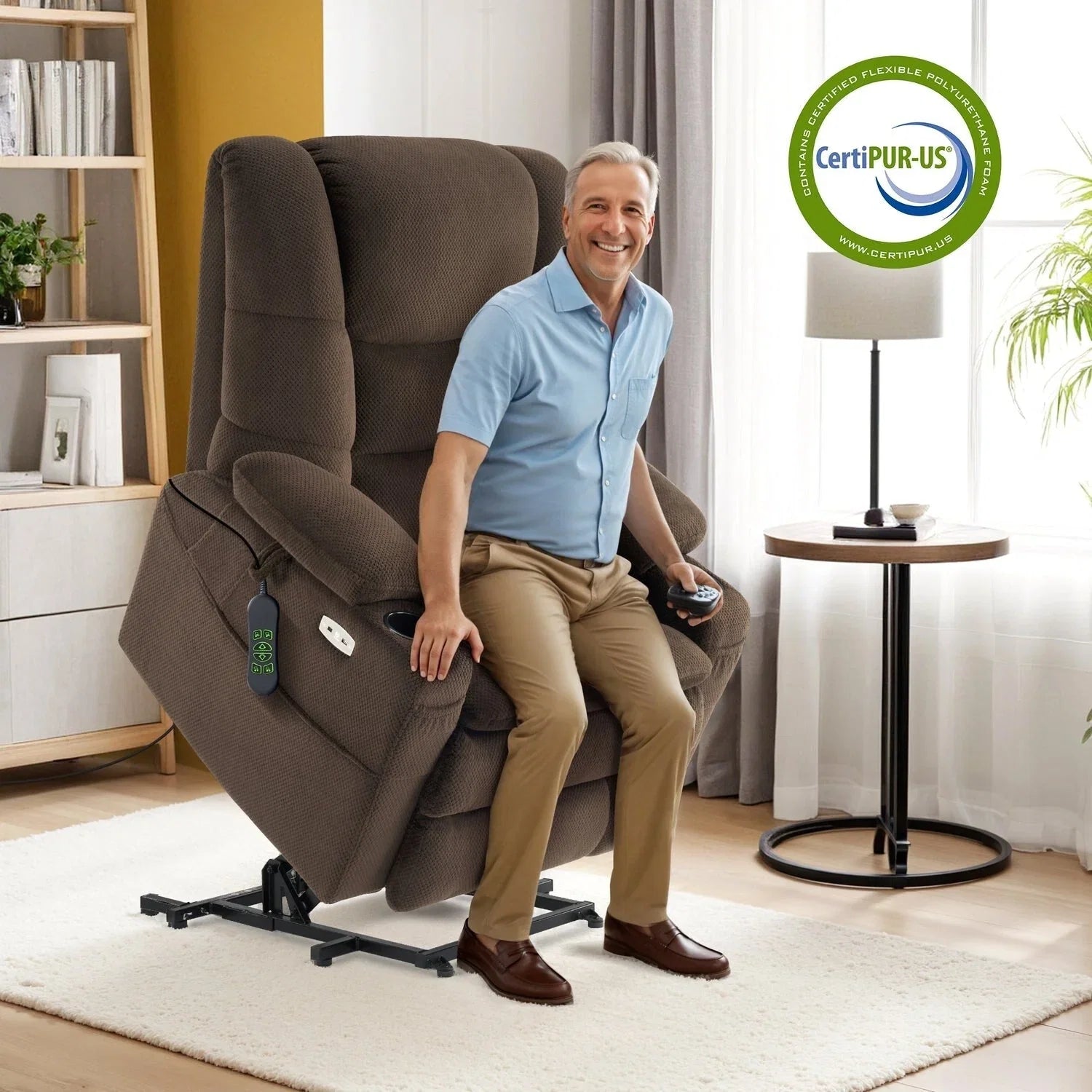 MCombo Poltrona Reclinabile Grande e Larga a Due Motori con Funzione Alzapersona, Massaggio e Doppio Riscaldamento, per Anziani Robusti e Alti, Tessuto R7635