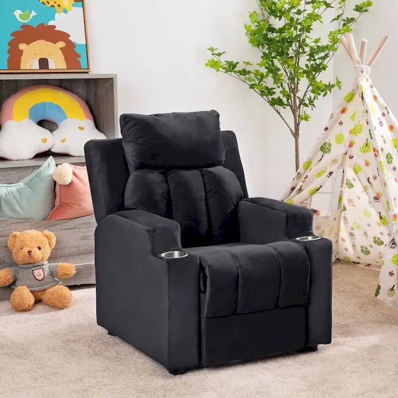 Poltrona reclinabile deluxe per bambini con poggiapiedi, poggiatesta e 2 portabicchieri, in microfibra, per bambini dai 3 anni in su