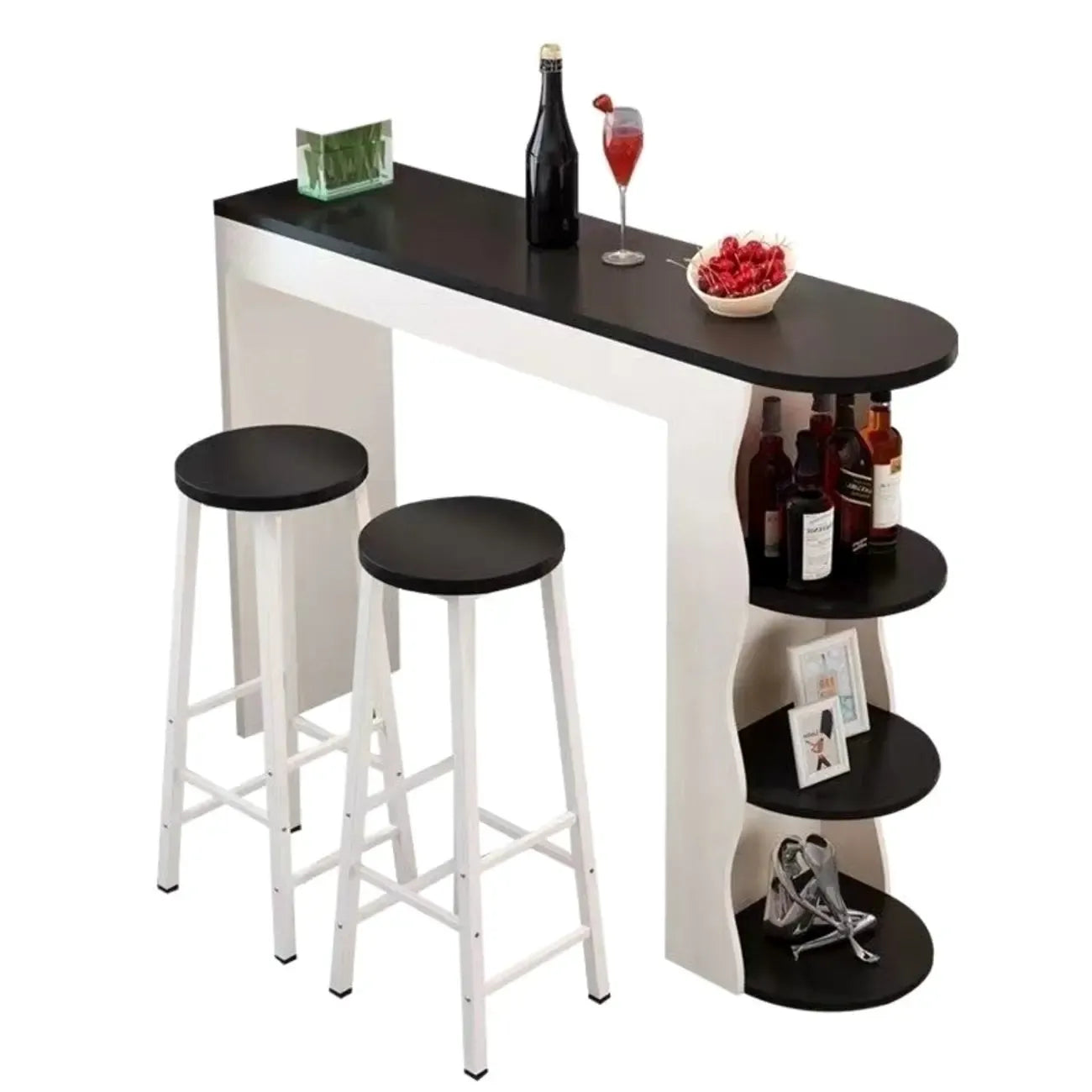 Tavoli da bar moderni con scaffali asimmetrici in legno bianco e nero