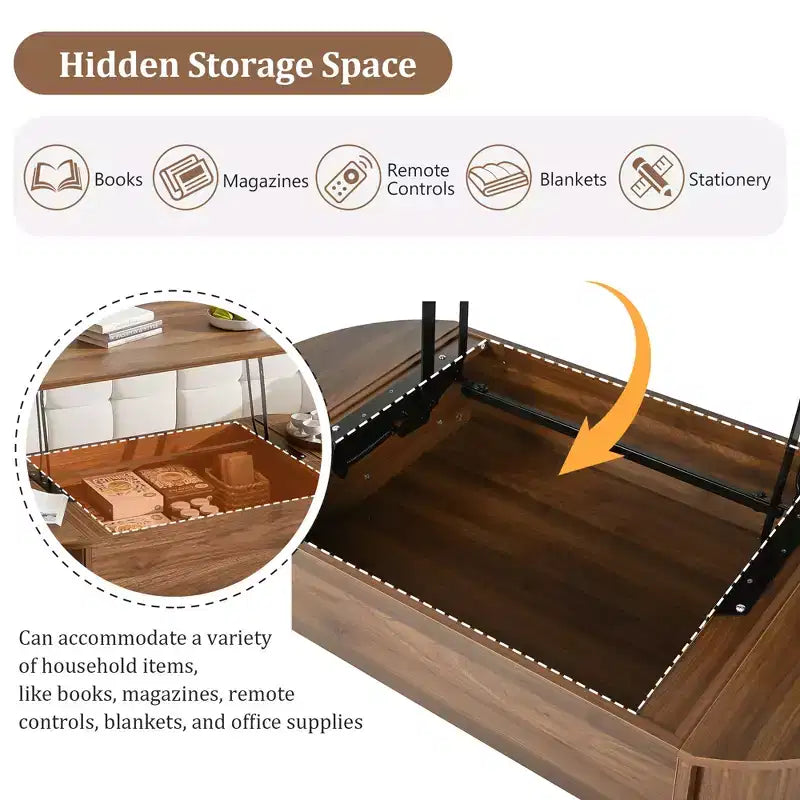 47.2 Table basse relevable avec compartiment caché, ovale, marron