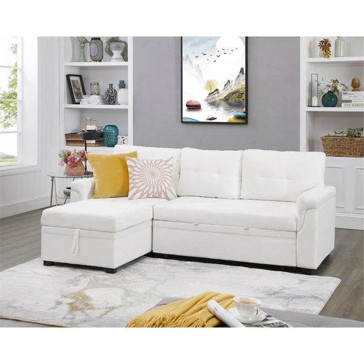 Divano componibile convertibile reversibile con letto estraibile, chaise longue con contenitore nascosto e gambe durevoli