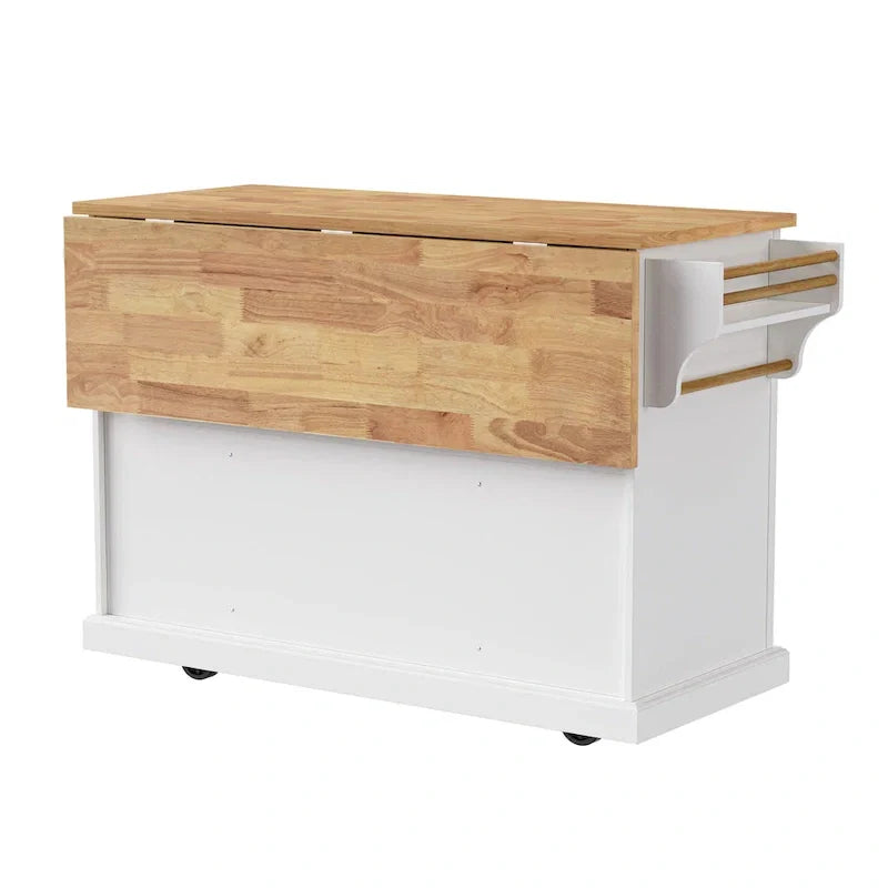 Grande isola da cucina con ribalta in legno, carrello da cucina arrotolabile con texture in rilievo, ante e cassetti con contenitore per cucina, bianco