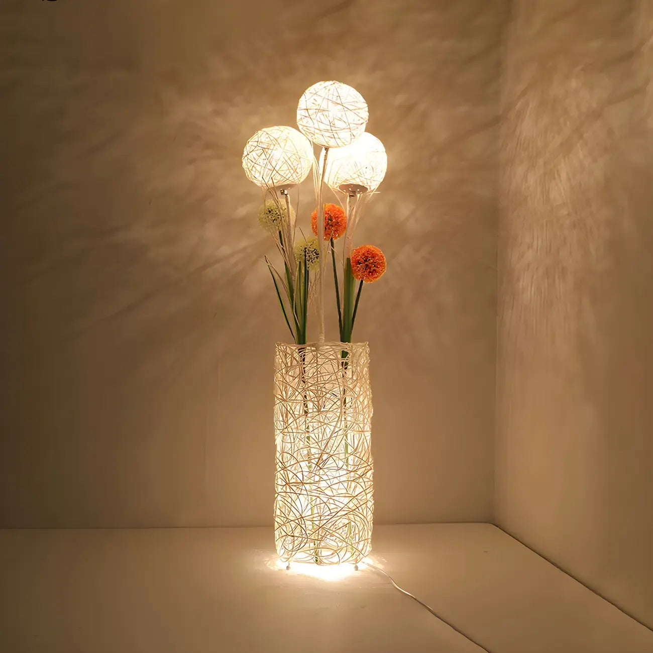 Lampada da terra in rattan LED a colonna con spina per soggiorno
