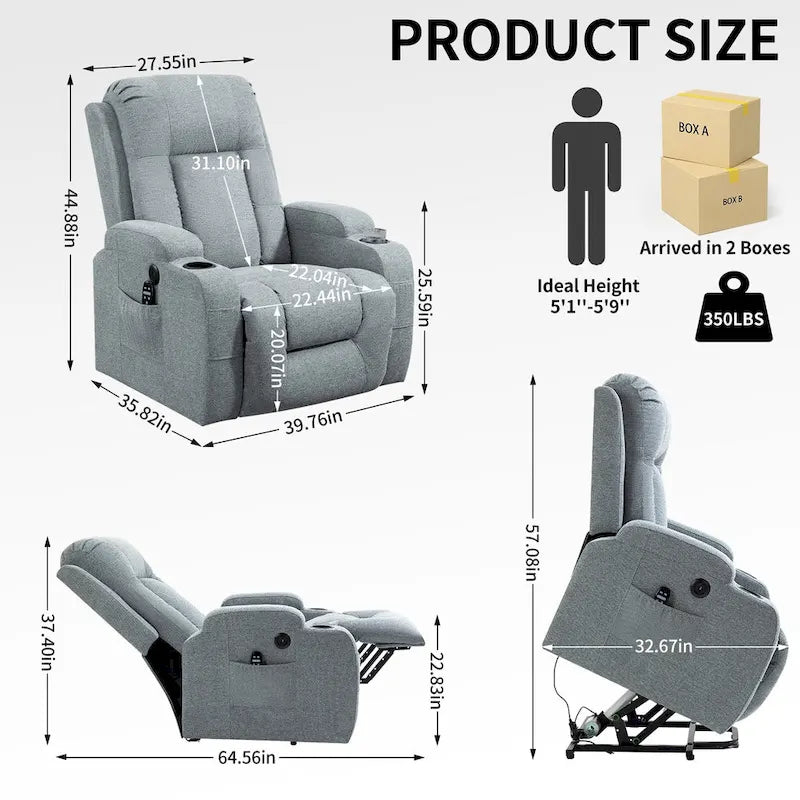 Poltrona reclinabile Power Lift, poltrona massaggiante moderna a motore singolo con riscaldamento lombare, porta di ricarica USB, portabicchieri