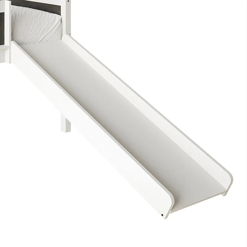 Letto a soppalco basso classico singolo CraftPorch con lavagna, scivolo e scaletta