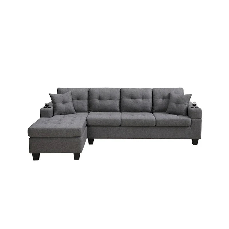 Divano componibile da soggiorno con chaise longue a L e portabicchieri