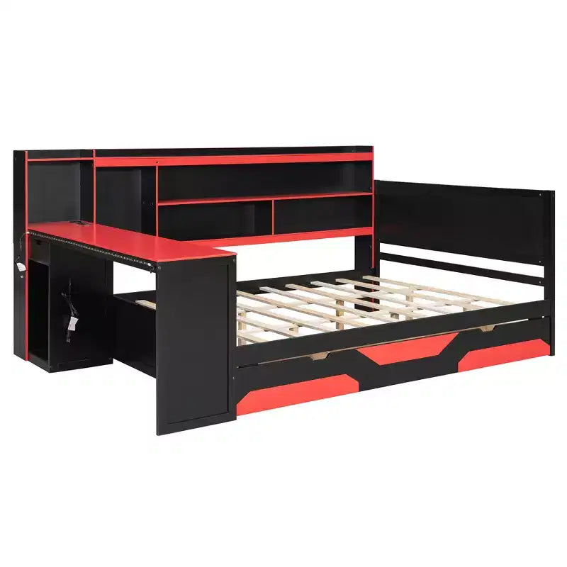 Letto a Giorno Gamer Hub con Scrivania, Luci RGB, Stazione di Ricarica, Cassetti e Testiera Libreria