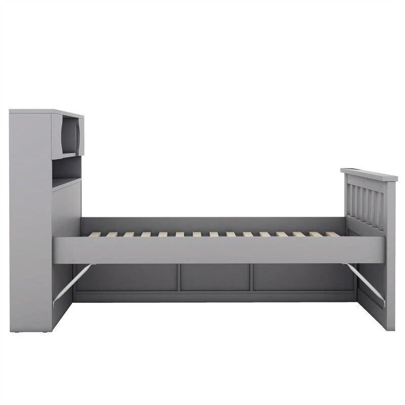 Letto a piattaforma Twin/Full Size Captain con 4 cassetti e mensole portaoggetti, struttura letto in legno massello con testiera libreria contenitore