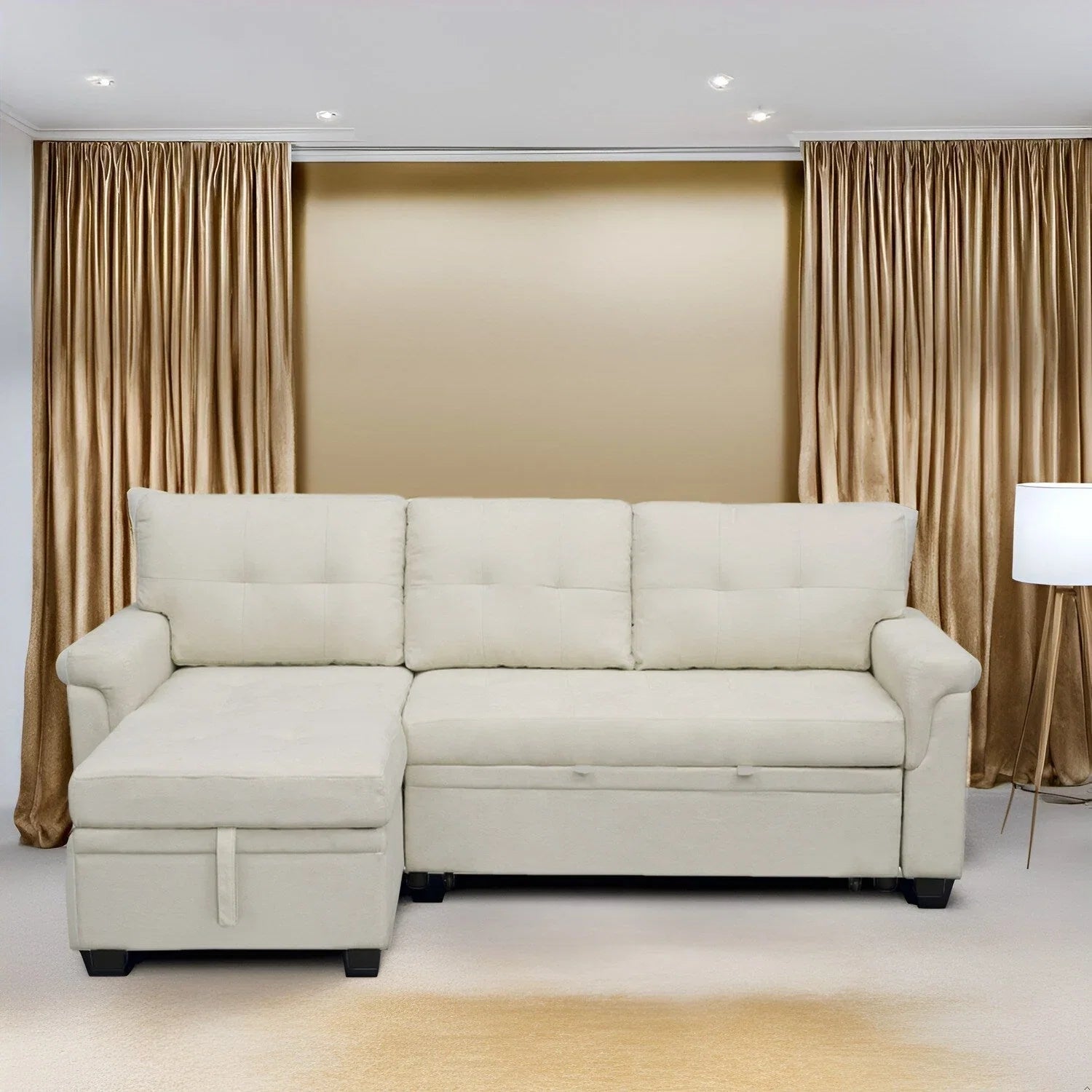 Divano sezionale reversibile con letto estraibile, chaise longue con contenitore nascosto, gambe durevoli,