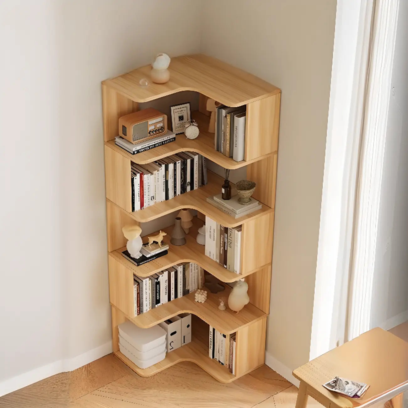 Libreria ad angolo in legno multistrato con 6 ripiani