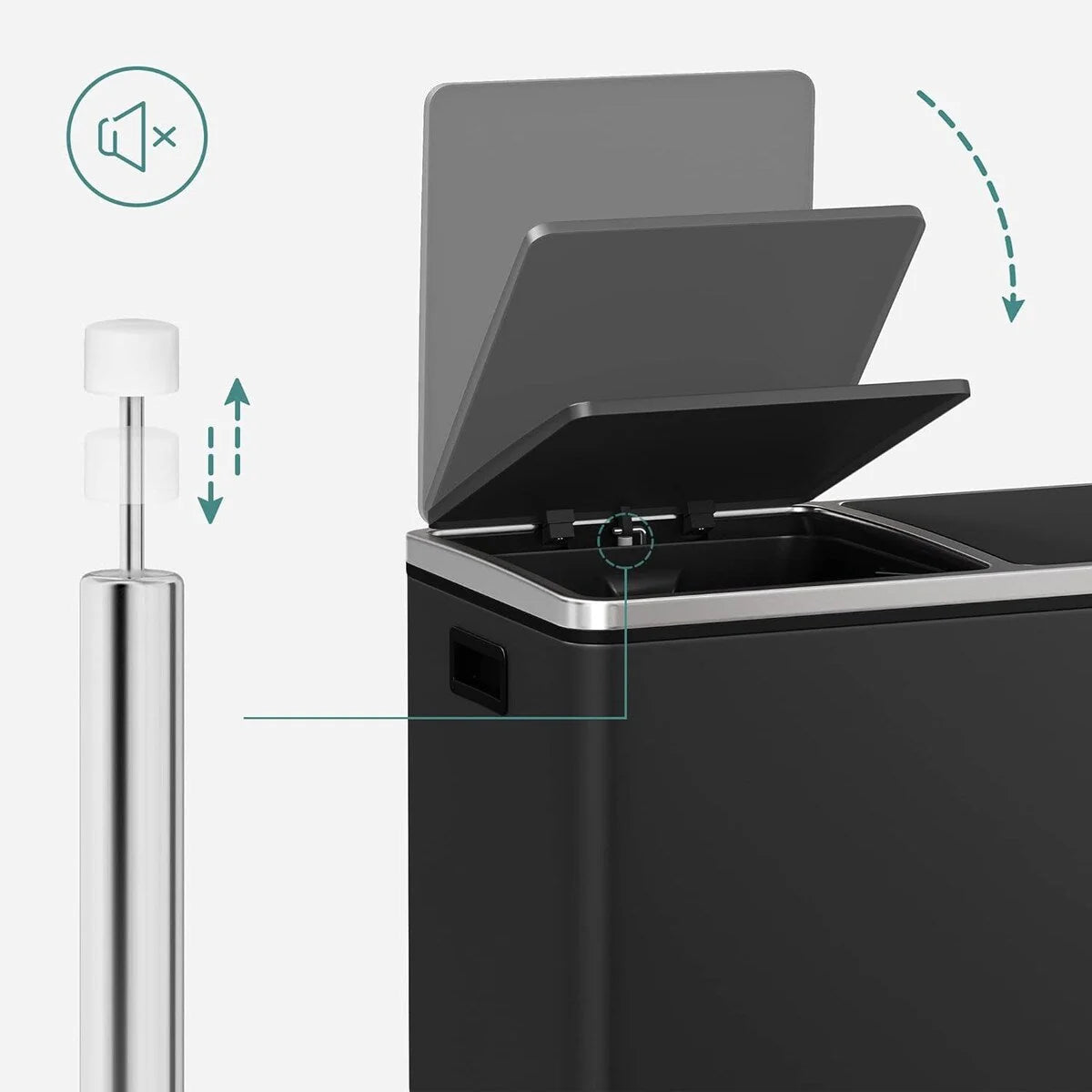 SONGMICS Pattumiera Doppia, 60L (2 x 30L) Cestino per la Raccolta Differenziata in Acciaio Inossidabile, Nero
