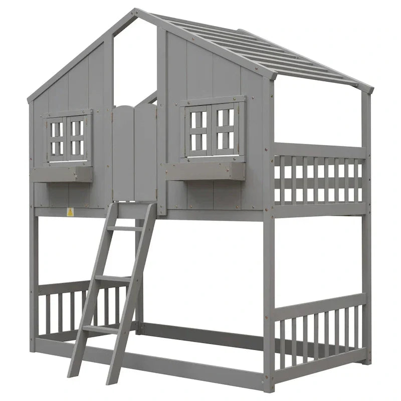 Letto a castello a casetta singolo su singolo con tetto, finestra, fioriera, porta, con sponde di sicurezza e scaletta, Grigio