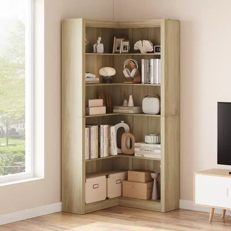 Libreria angolare a 5 ripiani a forma di L, in stile retrò, Bianco/Nero/Legno, singola